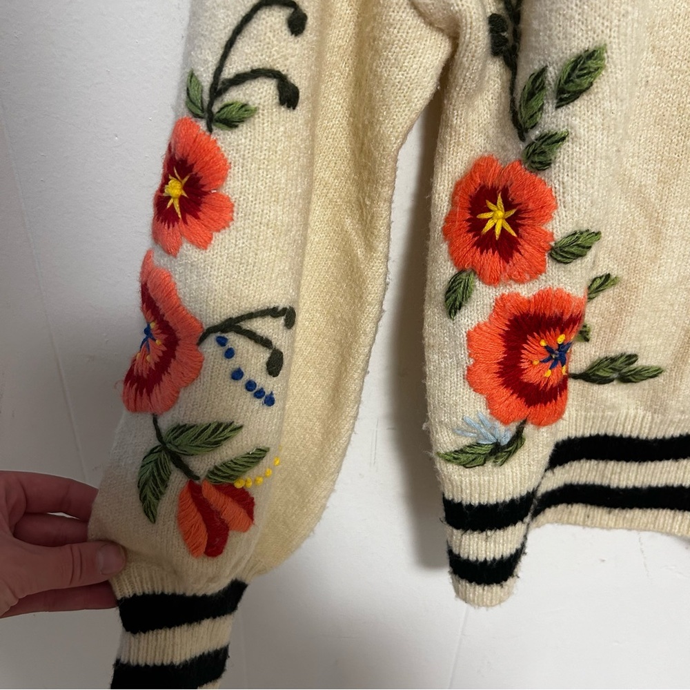 Anthro Harlyn Floral Embroidered Wool Blend Crewneck Sweater Women's Cream - Picture 5 of 9